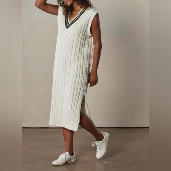 The Normal Brand Victoria V-Neck Cable Knit Sweater Dress Ivory NWT Large Preppy - Picture 2 of 14